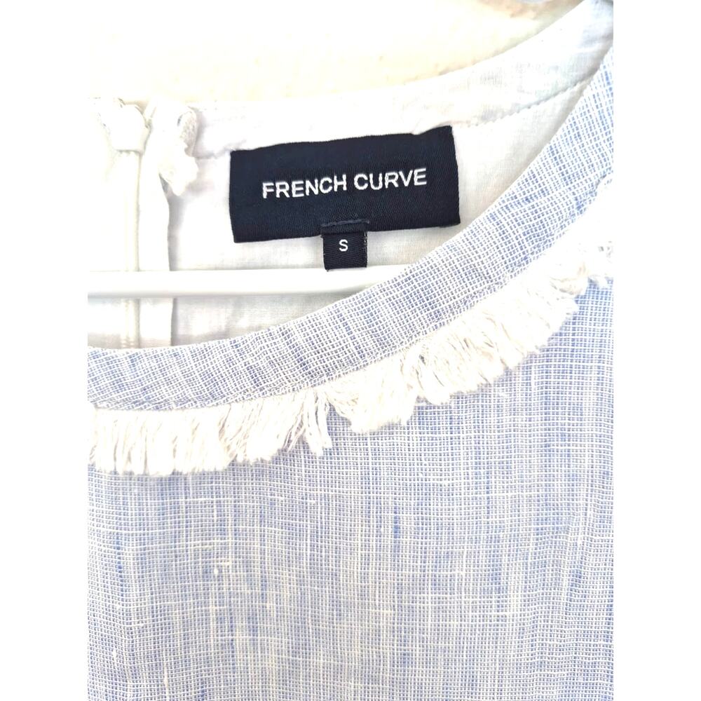 French Curve Linen Dress Sz S Lt Blue Short Sleeve Fringe Coastal Cowgirl Boho - Picture 3 of 8